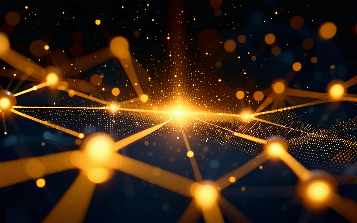 Abstract amber node-graph on deep ink background representing skill competency mapping