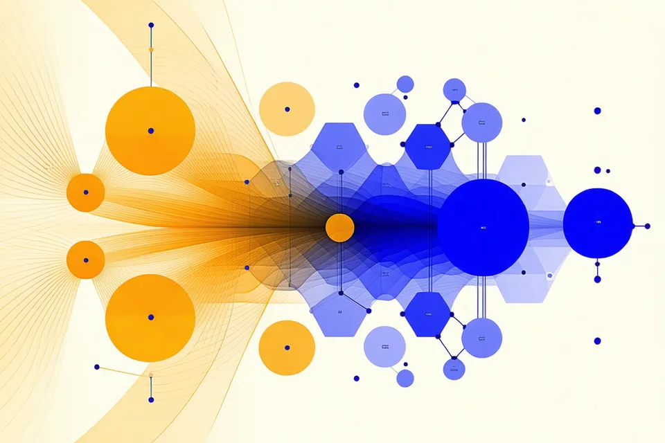 Abstract competency graph diagram showing interconnected skill nodes in amber and indigo